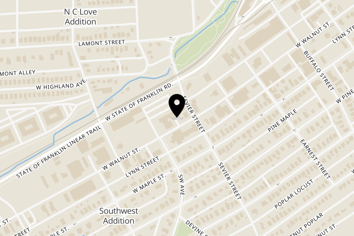 Map showing the location of Fearless Coffee & Kitchen on 500 W Walnut St in Johnson City